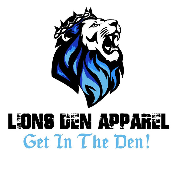 Lions Den Apparel logo with a roaring lion and text on a white background